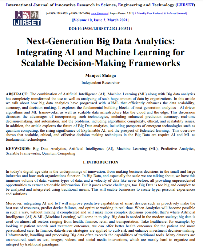 Article: Next-Generation Big Data Analytics: Integrating AI and Machine Learning for Scalable Decision-Making Frameworks