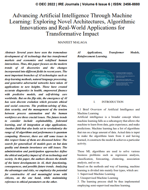 Article: Advancing Artificial Intelligence Through Machine Learning: Exploring Novel Architectures, Algorithmic Innovations and Real-World Applications for Transformative Impact